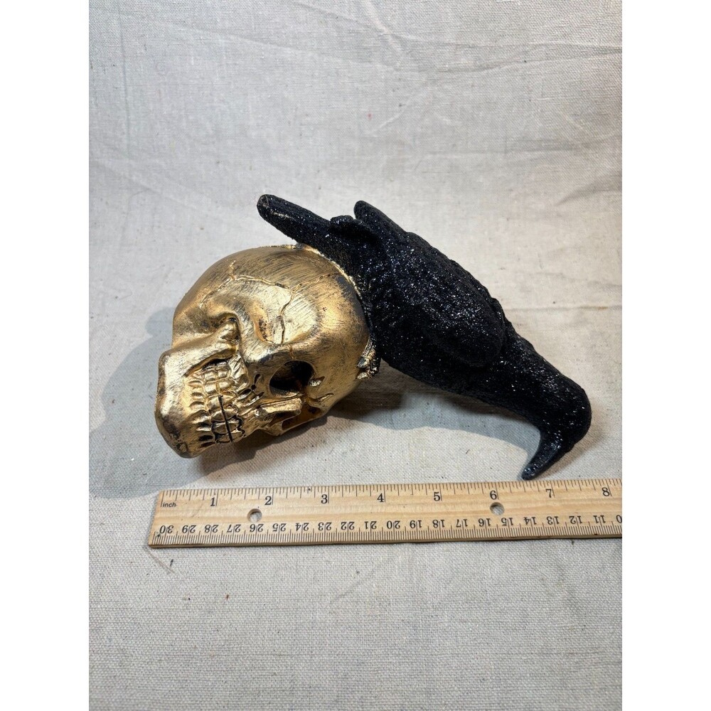Raven On Gold Skull Halloween Decor Statue Black Glitter Bird Crow - Picture 8 of 8